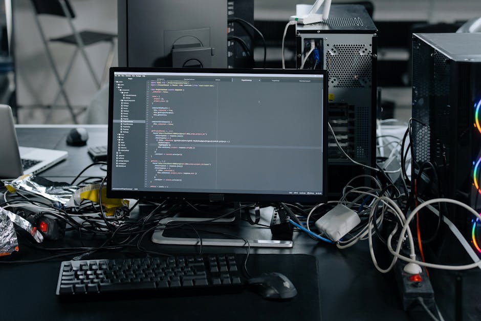 Close-up of a person's hand operating a black computer keyboard on a white desk, with a large computer monitor displaying lines of computer code in a programming language. The monitor is positioned sl